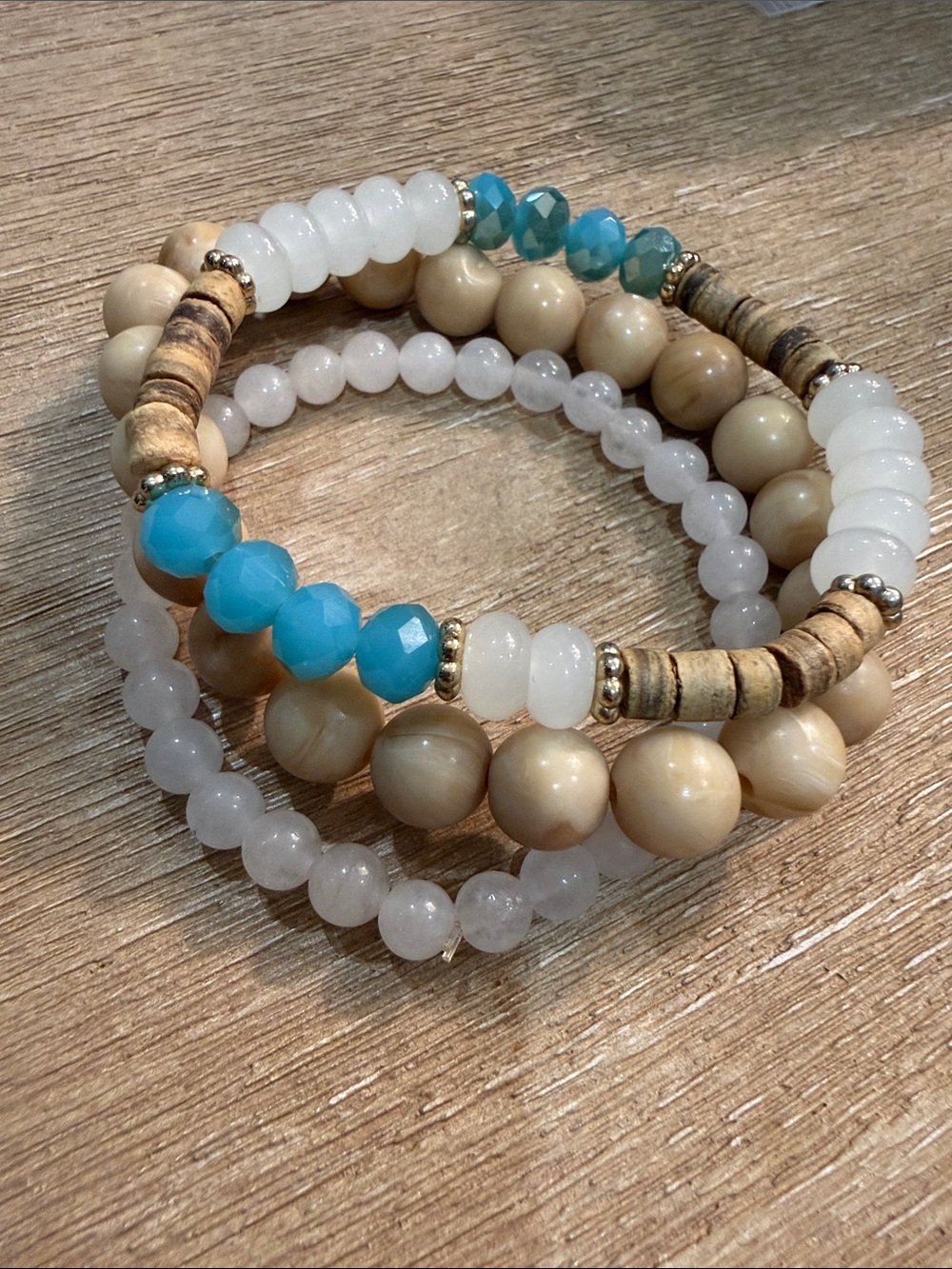 Stackable Beige, White & Turquoise Bead Bracelet Set